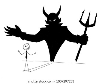 Cartoon stick man drawing conceptual illustration of businessman and his devil inside shadow on the wall. Business concept of success and self inconsiderateness.