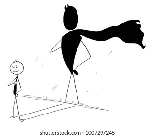 Cartoon stick man drawing conceptual illustration of businessman and his superhero hero shadow on the wall. Business concept of success and self confidence.