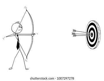 Cartoon stick man drawing conceptual illustration of successful businessman with bow shooting at target or clout, with three hits in center. Business concept of motivation, determination and success.