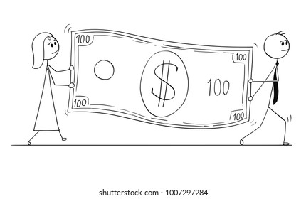 Cartoon stick man drawing conceptual illustration of businessman and businesswoman carry large dollar bill banknote.