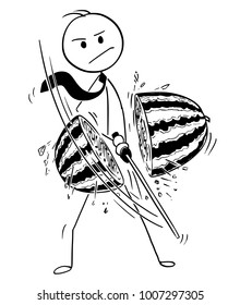 Cartoon stick man drawing conceptual illustration of samurai businessman with katana sword cutting water melon. Business concept of problem solution.