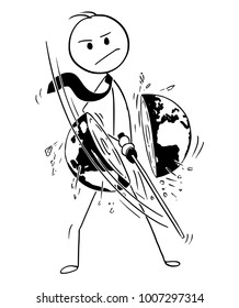 Cartoon stick man drawing conceptual illustration of samurai businessman with katana sword cutting world or earth globe. Concept of global worldwide business.