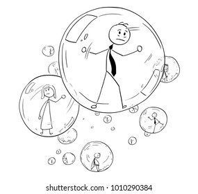 Cartoon stick man drawing conceptual illustration of businessman and businesswoman or people imprisoned inside glass bubbles. Business concept of human isolation and limitation.