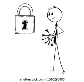 Cartoon stick man drawing conceptual illustration of businessman looking for right key to padlock. Business concept of problem and solution.