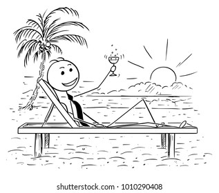 Cartoon stick man drawing conceptual illustration of successful businessman relaxing on the beach bed with glass of drink. Concept of business success.