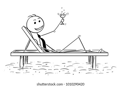 Cartoon stick man drawing conceptual illustration of successful businessman relaxing on the beach bed with glass of drink. Concept of business success.