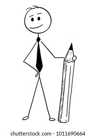 Cartoon stick man drawing conceptual illustration of businessman standing and posing with pencil.