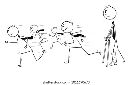 Cartoon stick man drawing conceptual illustration of businessman with broken leg watching career of healthy businessmen running for success. Business concept of success, limitations and obstacles.