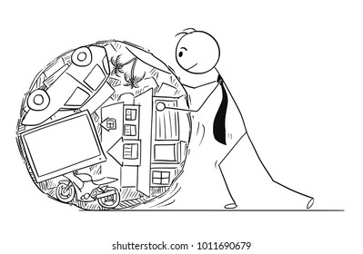 Cartoon stick man drawing conceptual illustration of businessman or man pushing or rolling his live expenses or property like dung beetle.