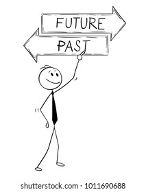 Cartoon stick man drawing conceptual illustration of businessman writing text on two decision arrow future and past text sign.