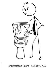 Cartoon stick man drawing conceptual illustration of businessman throwing money in to toilet. Business financial concept of bad investment or inflation.