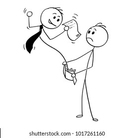 Cartoon stick man drawing conceptual illustration of businessman pop up with agreement from customer's wallet. Business concept of debt, loan and credit.