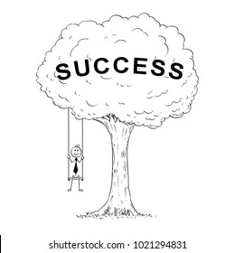 Cartoon stick man drawing conceptual illustration of happy businessman sitting on the tree swing hanging on the branch. Business concept of success.