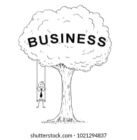 Cartoon stick man drawing conceptual illustration of happy businessman sitting on the tree swing hanging on the branch. Concept of business success.