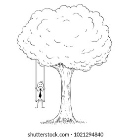 Cartoon stick man drawing conceptual illustration of happy businessman sitting on the tree swing hanging on the branch. Business concept of success.