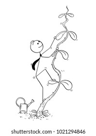 Cartoon stick man drawing conceptual illustration of businessman climbing high plant or beanstalk. Business concept of success, career and startup.