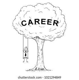 Cartoon stick man drawing conceptual illustration of happy businessman sitting on the tree swing hanging on the branch. Business concept of career success.