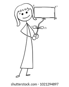 Cartoon stick man drawing conceptual illustration of businesswoman care about plant in his hand. Plant flower as empty or blank sign for text.