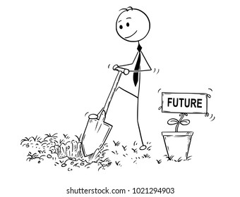 Cartoon stick man drawing conceptual illustration of businessman digging hole to plant a tree with success sign as flower. Business concept of investment, growth and career.