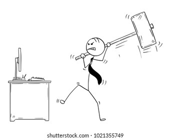 Cartoon stick man drawing conceptual illustration of angry businessman ready to destroy his office computer by large sledgehammer or hammer.