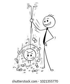 Cartoon stick man drawing conceptual illustration of businessman shaking out money from his client or customer. Business concept of debt, loan or charges.