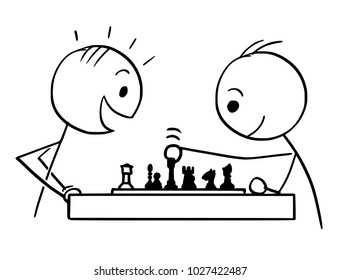Cartoon stick man drawing conceptual illustration of two men or businessmen playing game of chess. Business concept of strategy, competition and planning.