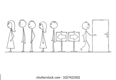 Cartoon stick man drawing conceptual illustration of man looking for another way instead of waiting in line or queue with crowd of people. Business concept problem solution and creativity.