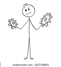 Cartoon stick man drawing conceptual illustration of businessman looking at two cogwheels. Business concept of problem solving and solution.