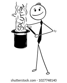 Cartoon stick man drawing conceptual illustration of businessman magician and magic problem solution from his cylinder top hat.