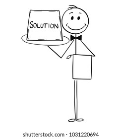 Cartoon stick man drawing conceptual illustration of waiter holding and offer tray with sign. Business concept of easy solution.