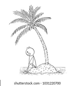 Cartoon stick man drawing conceptual illustration of man or businessman sitting alone on small island under palm tree. Business concept o loneliness and isolation.