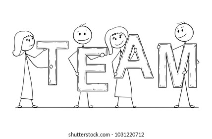 Cartoon stick man drawing conceptual illustration of business people, businessmen and businesswomen holding letters of word team. Business concept of teamwork and cooperation.