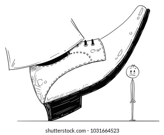 Cartoon stick man drawing conceptual illustration of large foot in shoe ready to step down on businessman. Business concept of pressure and competition.
