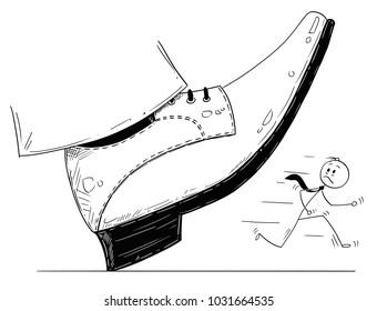 Cartoon stick man drawing conceptual illustration of large foot in shoe ready to step down on running businessman. Business concept of pressure and competition.