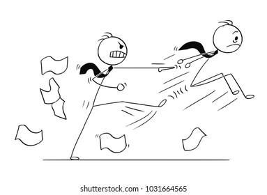 Cartoon stick man drawing conceptual illustration of Businessman fired or kicked out of the job by angry boss or manager. Business concept of employment and career.