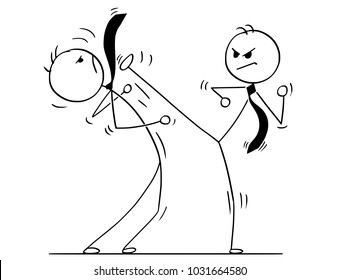 Cartoon stick man drawing conceptual illustration of two businessmen kung fu or karate fighting. Business concept of competition and rivalry.