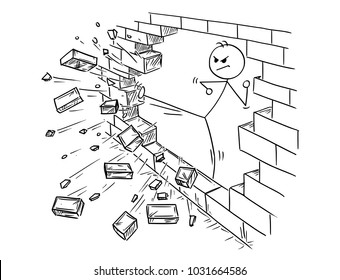 Cartoon stick man drawing conceptual illustration of businessman doing kung fu or karate kick to destroy the brick wall. Business concept of obstacle and solution.