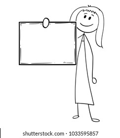 Cartoon stick man drawing conceptual illustration of woman or businesswoman holding empty or blank sing in front of him.