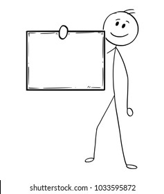 Cartoon stick man drawing conceptual illustration of businessman holding empty or blank sing in front of him.