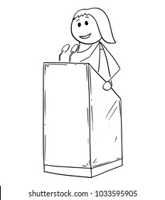 Cartoon stick man drawing conceptual illustration of businesswoman or woman business speaker or orator making speech or talking to public on podium behind lectern.