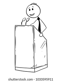 Cartoon stick man drawing conceptual illustration of businessman or business speaker or orator making speech or talking to public on podium behind lectern.