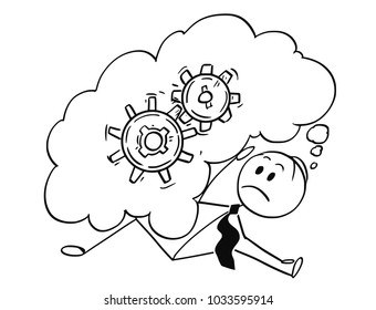 Cartoon stick man drawing conceptual illustration of businessman who is overburdened and buried by large text speech bubble as metaphor for big problem he is thinking about.