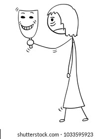 Cartoon stick man drawing conceptual illustration of sad or tired woman or businesswoman holding and showing happy smiling theater mask. Business concept of pretense and insisted false enthusiasm.