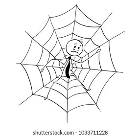 Cartoon stick man drawing conceptual illustration of businessman trapped in spider web. Business concept of competition, risk and fail.