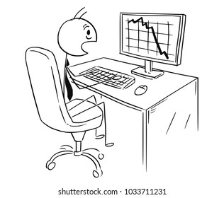 Cartoon stick man drawing conceptual illustration of businessman working on computer and chocked by graph or chart falling down. Business concept of profit, market or cost.