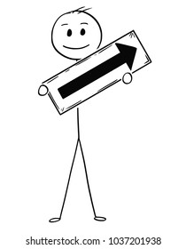 Cartoon stick man drawing conceptual illustration of businessman holding arrow sign pointing right and up.