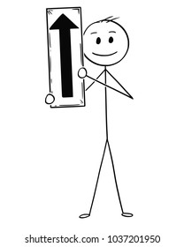 Cartoon stick man drawing conceptual illustration of businessman holding arrow sign pointing up.