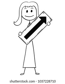 Cartoon stick man drawing conceptual illustration of businesswoman or woman holding arrow sign pointing right and up.