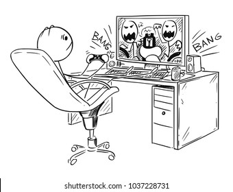 Cartoon stick man drawing conceptual illustration of man or boy playing computer game.