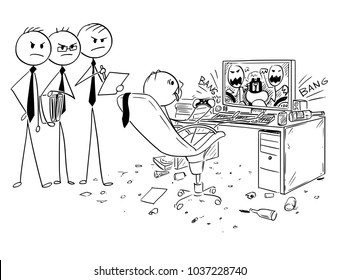 Cartoon stick man drawing conceptual illustration of businessman drinking, smoking cigarette and playing computer game at work. Three managers or management